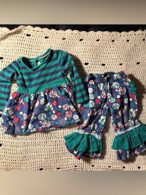 Ruffle Butts Teal and Navy Striped Girls Top